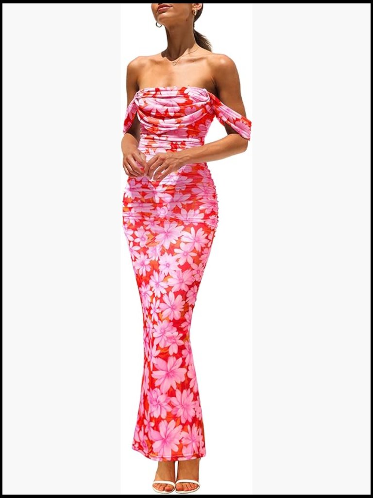 Mesh Ruched Off Shoulder Maxi Dress For Wedding Guest Cocktail Party